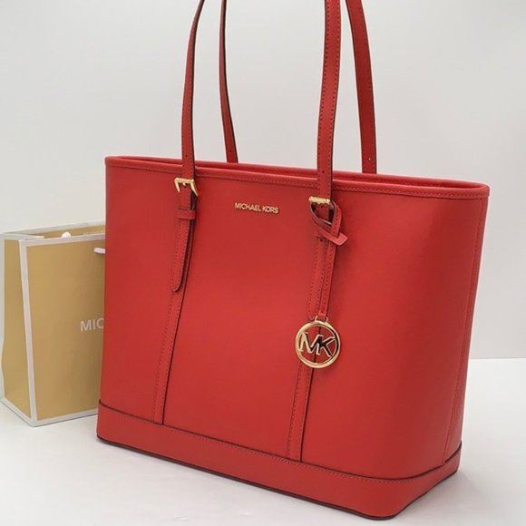MICHAEL KORS JET SET TRAVEL LARGE TOP ZIP SHOULDER TOTE FLAME - Picture 1 of 15